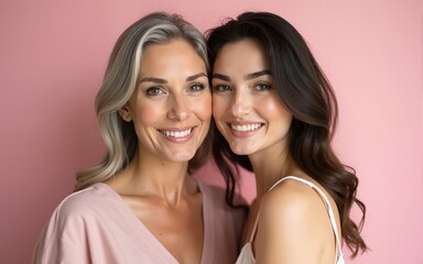 Portrait of a mature woman and a young adult woman, standing close together, both looking serene and elegant against a pastel background. High quality