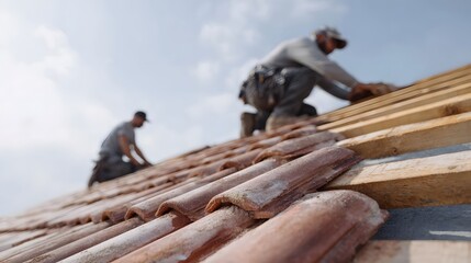 Construction workers install traditional terracotta roof tiles on a sunny day