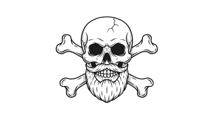 Vintage skull with beard and mustache over crossed bones in monochrome tattoo style