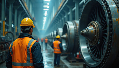 Engineers in safety vests inspect turbines in large industrial facility. Workers wear hard hats monitoring power generation equipment. Industrial specialists maintain machinery in energy plant during
