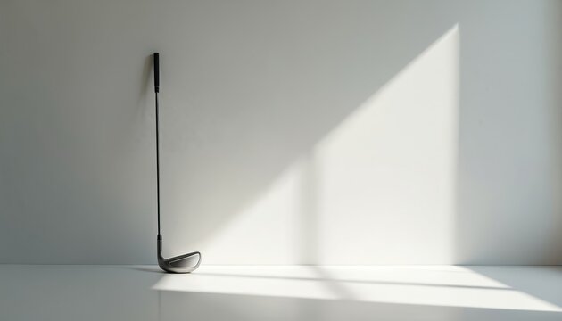 Golf club sits against white wall. Minimalist sport concept. Leisure activity, relaxation. Sunlight shines on golf equipment. Graphic background for golf related marketing advertising. Mockup