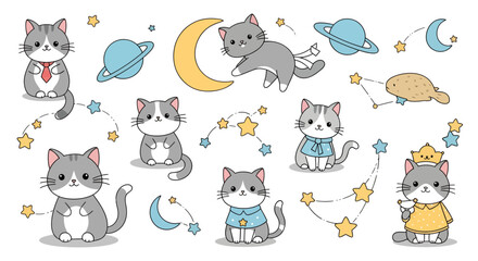 Whimsical feline constellations and planetary motifs playful digital paper design