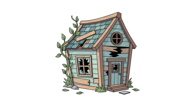 Whimsical dilapidated house with overgrown vines and broken windows, a cartoon illustration