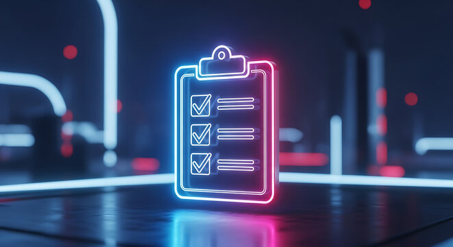 Digital clipboard with checklist glowing neon abstract business technology concept futuristic abstract glowing
