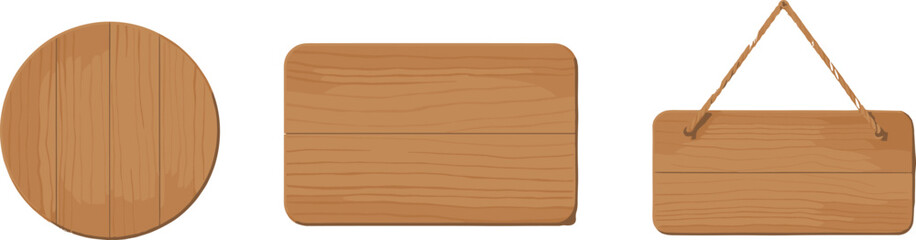 Set of blank wooden sign boards with round, rectangular, and hanging shapes, natural wood texture for design and decoration projects