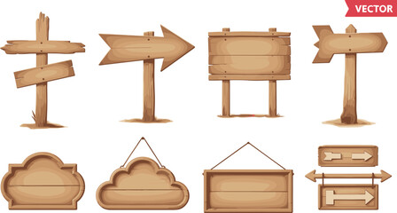 Vintage wooden signpost collection with blank planks, rustic arrow direction boards, hanging wood frames, and empty wooden street signs for design use