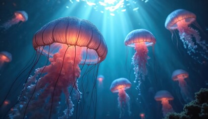 Underwater scene shows glowing jellyfish in ocean. Light rays penetrate water surface. Marine life floats in deep sea. Surreal background for aquatic themed digital artwork projects and presentations.