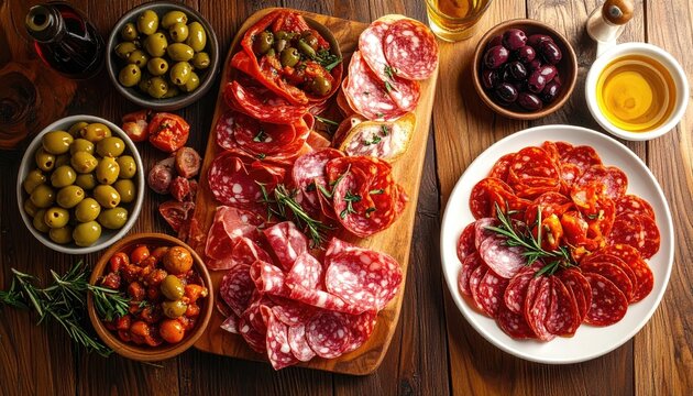 Rustic Charcuterie Board Featuring Cured Meats Olives and Appetizers.