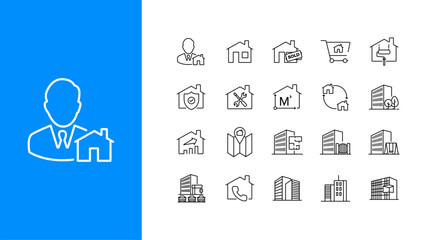 Real estate and property management icon set. Collection of outline vector icons featuring realtor, house, apartment, sold sign, property map, renovation, insurance, and building elements. Perfect for
