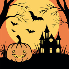 Halloween night scene with pumpkins bats and spooky silhouettes
