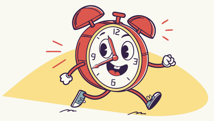 Animated Red Alarm Clock Character Running with Sneakers and Expressive Face