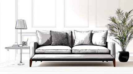 Fototapeta premium Stylish Modern Living Room with Cozy Sofa and Elegant Decor Elements