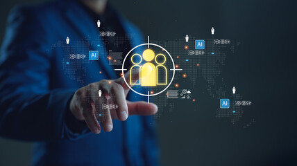 Businessman using AI technology to manage global customer data with CRM system. Concept for...