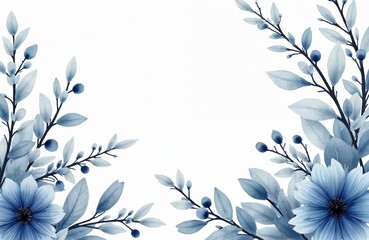 Blue watercolor floral elements frame white background. Gentle branches, leaves, berries, flowers create elegant border. Beautiful design soft cool colors, digital art style. Offers large copy space