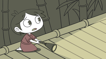 Curious Cartoon Child Exploring with a Flashlight in a Darkened Setting