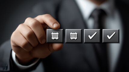 Shipping Logistics and Verification: An executive's hand meticulously aligns cargo container icons with checkmark symbols.