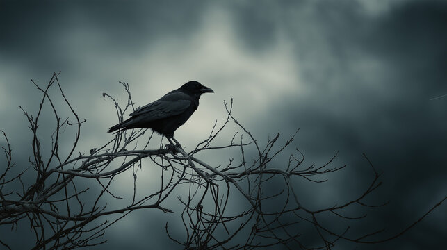 Shadowy Crow Poster. A large black crow silhouette perched on twisted branches over smoky grey background, Halloween, empty top space for text, gothic poster
