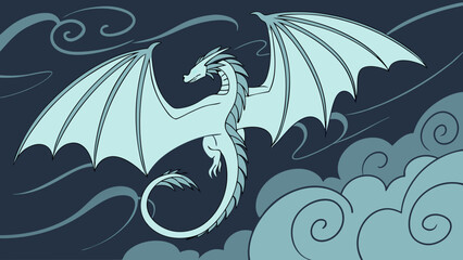 Serene Sky Dragon Soaring Through Cloudy Skies in Artistic Illustration