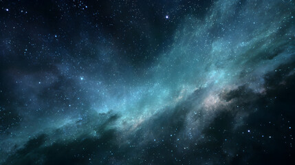 Fototapeta premium Vast expanse of a deep space nebula with countless stars and cosmic dust clouds, glowing with ethereal blue and turquoise light