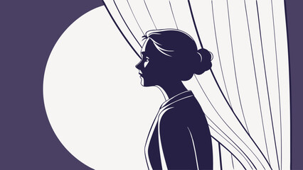 Silhouette of a woman in profile with a bun standing near curtains and a circular window
