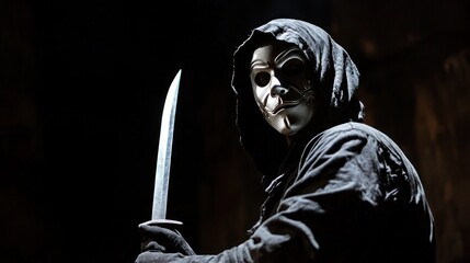 Obraz premium A masked actor holding a theatrical dagger mid-performance on a dramatic stage with heavy shadows
