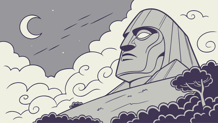 Stylized Illustration of a Moai Statue Under a Crescent Moon and Clouds
