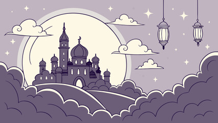 Stylized Islamic Mosque with Lanterns Clouds and Celestial Elements
