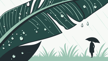 Stylized Rainy Scene with Large Leaf Raindrops and Silhouette of Person with Umbrella