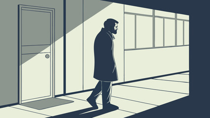 Stylized Silhouette of a Bearded Man Walking in a Hallway with Sunlight