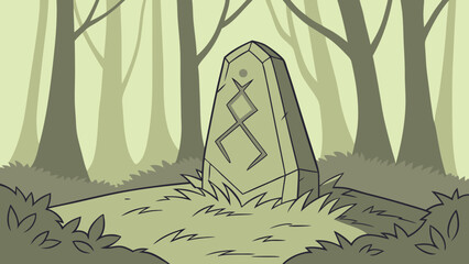 Stylized Stone Rune Marker in Forest Clearing with Sparse Vegetation