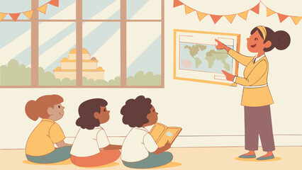 Teacher Explaining World Map to Students Seated on Floor in Classroom