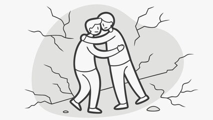 Two figures embracing against a cracked grey backdrop in a line drawing
