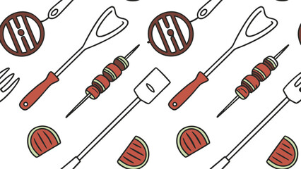 Whimsical BBQ Utensils and Treats Pattern Skewers Spatulas Watermelon Slices