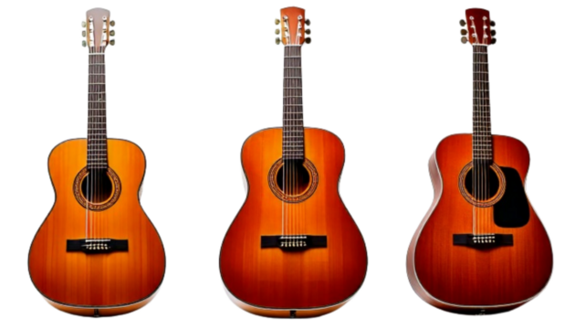 Collection of Three Acoustic Guitar Concepts, isolated on transparent background PNG