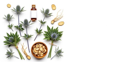 Bright flat lay featuring an amber blank oil bottle, thistle stems, roots, and a wooden bowl of sliced herbs