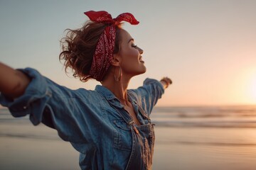 Woman dancing gracefully on beach sand at sundown wearing denim dress and red scarf under orange sky reflecting happiness and seaside serenity