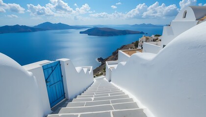 Obraz premium picturesque view of whitewashed architecture overlooking serene blue sea under clear sky