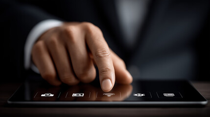 Digital Interface: An executive finger expertly navigates a sleek digital tablet, seamlessly interacting with the intuitive touchscreen interface.