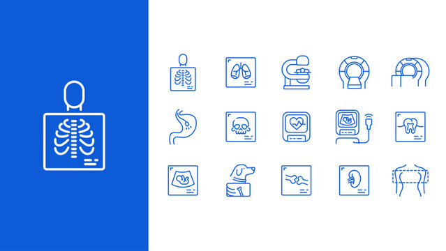 Medical radiology and scan icon set. Collection of blue line icons including X-ray, MRI, CT scan, ultrasound, heart monitor, dental and bone imaging, and organ diagnostics. Vector illustration for hea