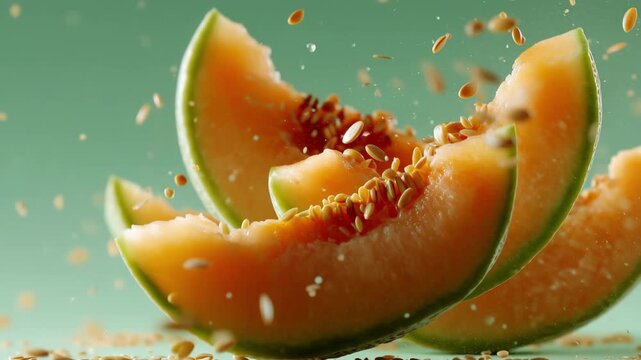 Sliced cantaloupe bursts with seeds creating a colorful display of freshness in a kitchen setting