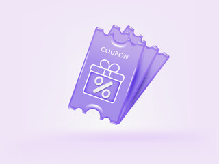3D coupon discount banner purple color. Tag label, banner with Percentage isolated. 3d rendering.