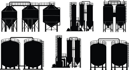 Industrial storage silos vector illustration, black and white factory tanks, agricultural grain containers, chemical plant storage system, industry equipment design © Its Morsed here