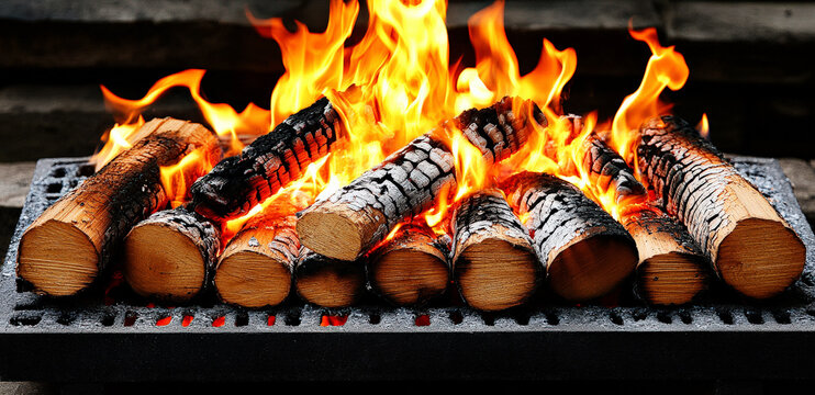Burning logs with bright flames creating a warm and cozy fire scene