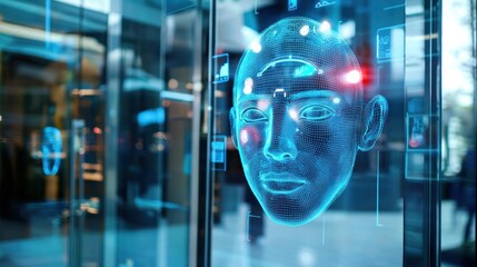 A futuristic security system scanning a face for detection as someone enters a high-tech facility