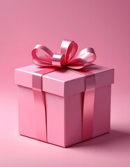 Elegant Pink Gift Box with Ribbon and Bow on Pink Background.