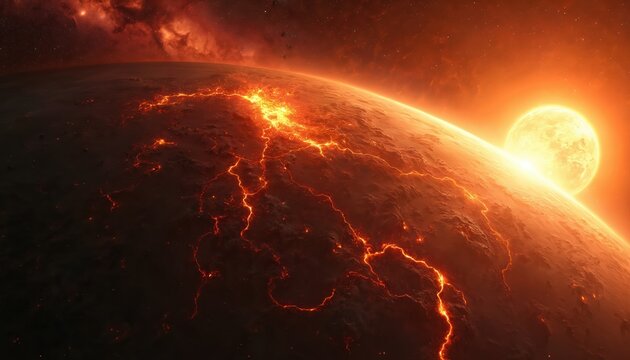 Planet surface covered in molten lava flows and glowing fissures with a bright sun in the background. Cosmic dust and stars fill the dark void of space.