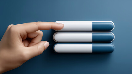 Progress Bars Selection: A hand selects and interacts with a trio of modern progress bars, symbolizing progress, choices, or stages in a project against a clean, modern background.