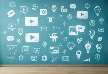 Abstract concept design of digital communication and social media icons floating over blue surface