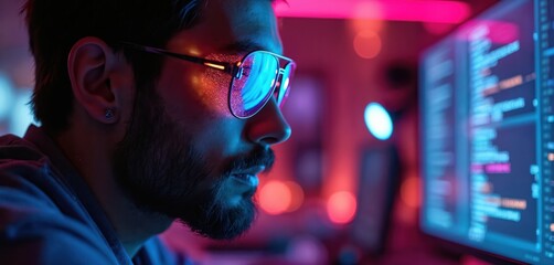 Man in glasses focused on computer screen. Programmer, coder, developer working on code. Night, neon lights, futuristic, innovation. Digital tech concept about software, artificial intelligence.
