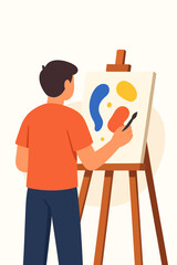 A person painting an abstract artwork on a canvas placed on an easel, showcasing creativity and artistic expression.